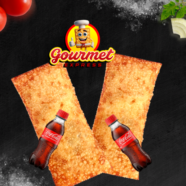 Ideal para compartilhar! Combo Casal com 2 pastéis de 20 cm, preparados na hora, mais 2 Coca-Cola de 200 ml bem geladas.