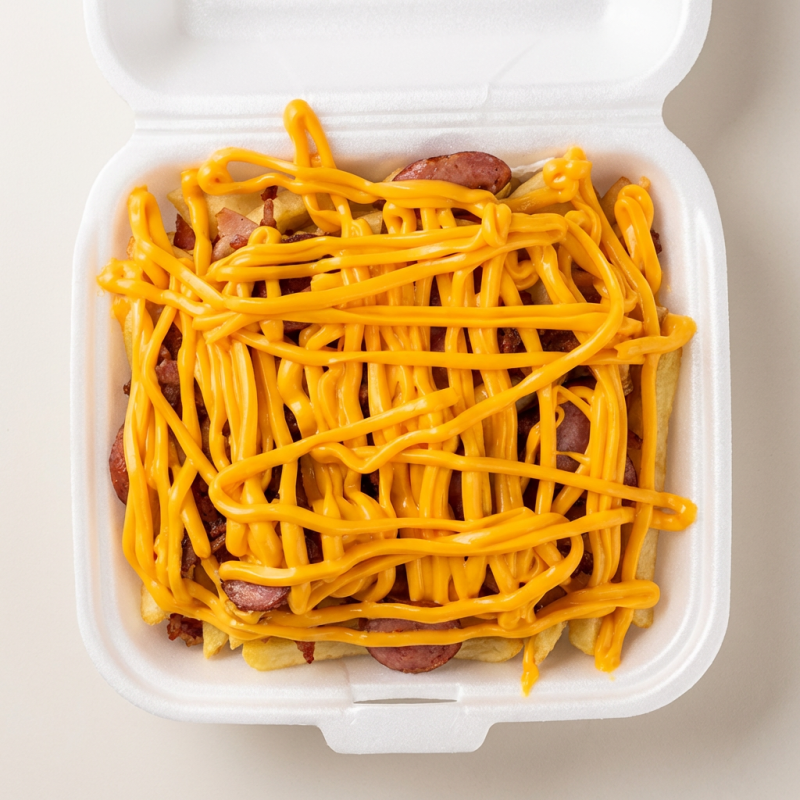 Porção de batata média, cheddar cremoso, bacon, e calabresa
