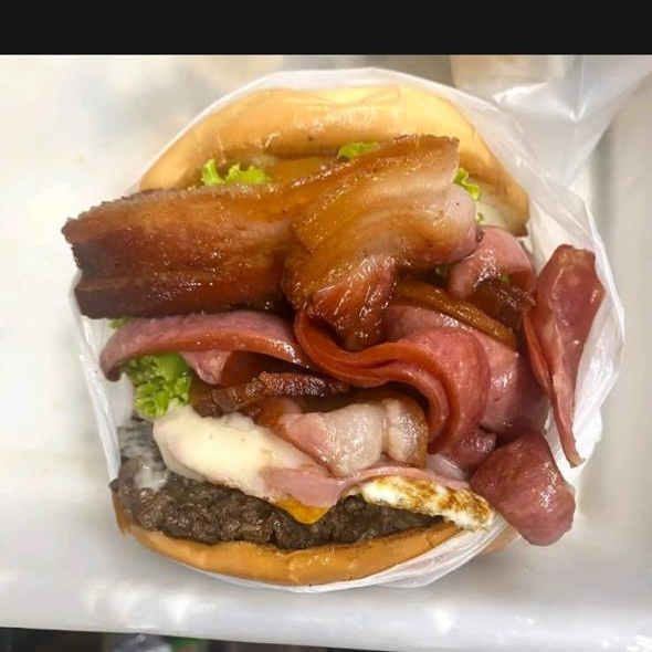 Pão bola, carne, ovo, calabresa, bacon, queijo, presunto, salada.