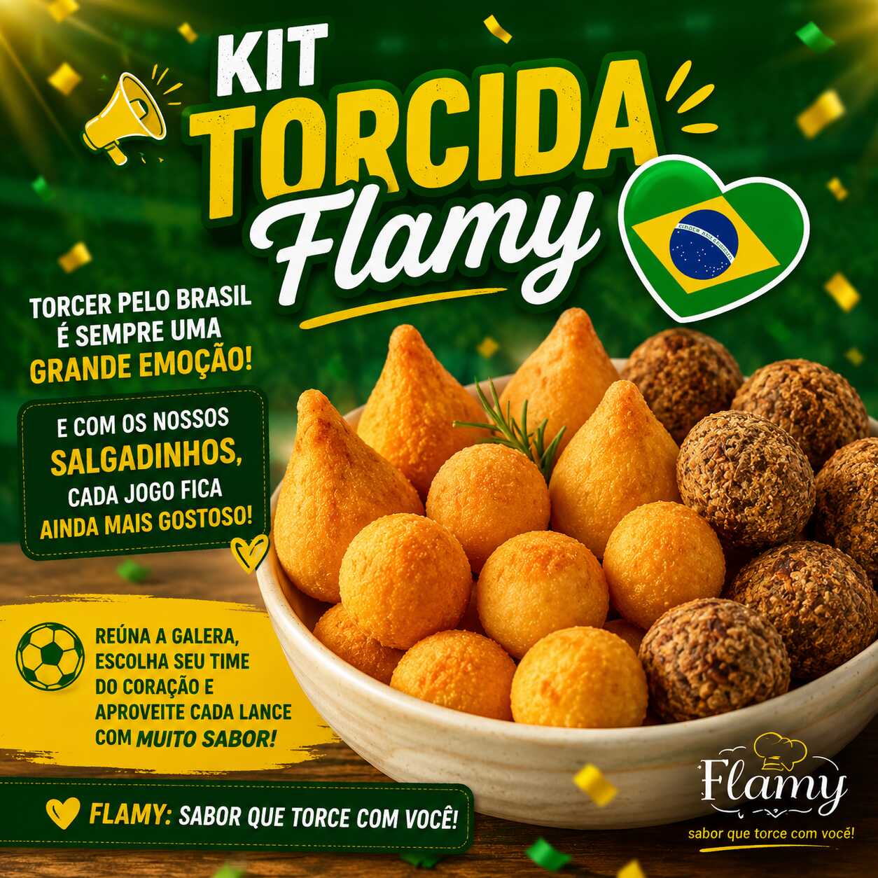 Obs.: Os sabores e itens do mix podem variar de acordo com a disponibilidade de produção da loja. Entre as opções disponíveis estão: coxinha, bolinha de queijo, croquete, kibe, rissole de carne, bolinha de alho-poró e enroladinho de presunto e queijo.