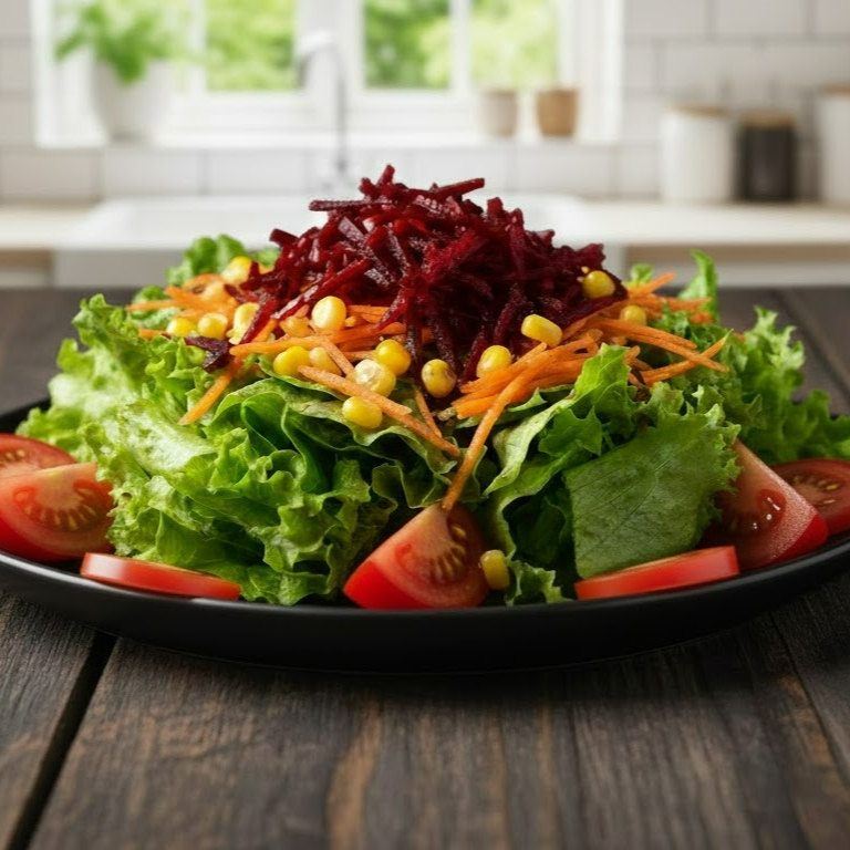 Alface crespa, beterraba ralada, cenoura ralada, tomate e milho ... Nossa salada natural é colorida e nutritiva ... Vocês vão adorar !!!