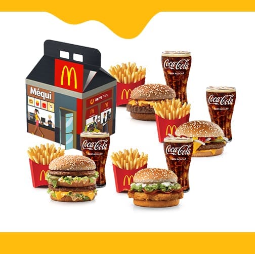 São 4 Mcofertas para você compartilhar com quem preferir #Méquinosofá. Escolha 4 (quatro) sanduíches entre as opções: Big Mac, Cheddar McMelt, Quarterão com Queijo, McChicken Bacon, McNífico Bacon, Duplo Quarterão ou Duplo Cheddar, 4 (quatro) McFritas Méd