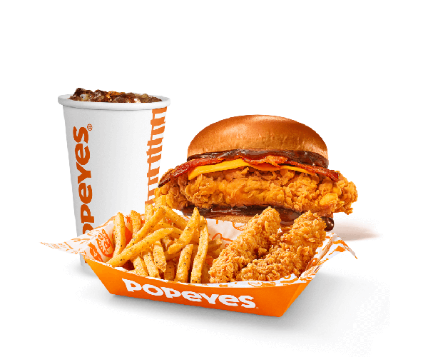 Sanduíche Barbecue Bacon + Frango a sua escolha + Fritas Cajun + Bebida a sua escolha!
 
Barbecue Bacon: filé 100% peito de frango empanado e crocante no pão brioche, fatia de queijo, bacon em tiras e molho barbecue.