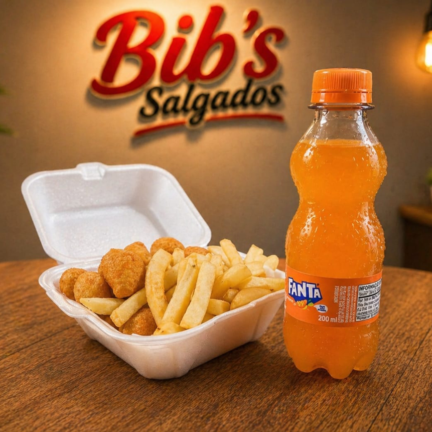 10 coxinha + 10 bolinho de queijo + 200g de batata + Fanta laranja de 200ml gelada