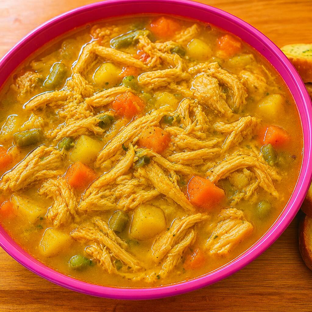 Caldo de mandioquinha com frango desfiado, legumes em cubos, cebolinha e torradas temperadas.