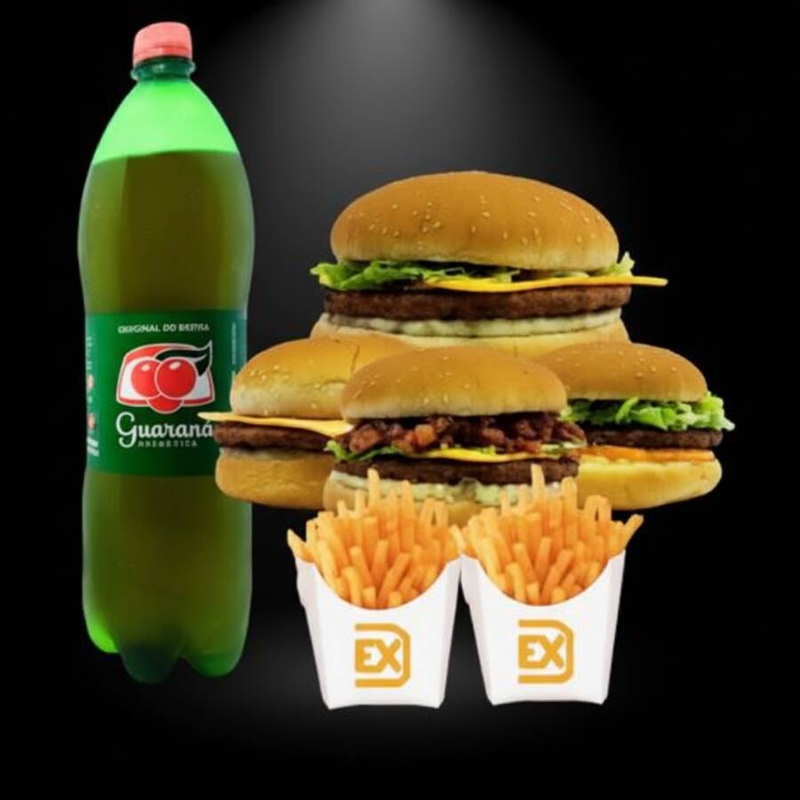 Combo com 4 opções dos nossos deliciosos lanches para você escolher entre X-Burguer / X-Salada / X-Bacon / X-Cheddar / X-Chicken junto acompanha 2 Exfritas e refrigerante de 1,5 Litros cortesia
