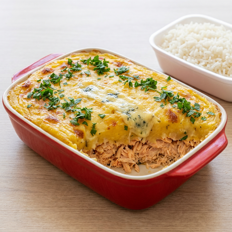 Lascas de legitimo salmão chileno, refogado com ervas finas e cuidadosamente “escondido” no purê de mandioquinha, coberto com faixa azul e posteriormente gratinado em salamandra. acompanha arroz, serve 2 pessoas.