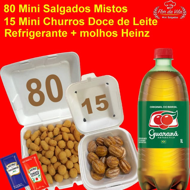 80 Mini Salgados Mistos(13grs) - 4 Sabores: Coxinha, pres./queijo, enroladinho de salsicha e requeijão. Acompanha 15 Mini Churros Doce de Leite + Guaraná Antarctica 1L + Molhos Heinz. Embalagem Isopor. Não podemos fazer alterações neste Mix promocional.