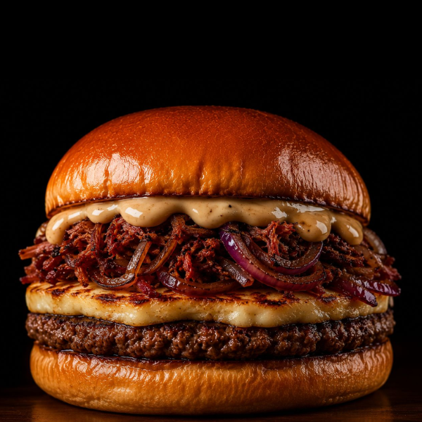 Hambúrguer de Costela 210g, Queijo Coalho, Maionese de Rapadura e Carne-Seca na Manteiga de Garrafa com Cebola Roxa. O Verdadeiro Sabor do Sertão em Forma de Burguer!