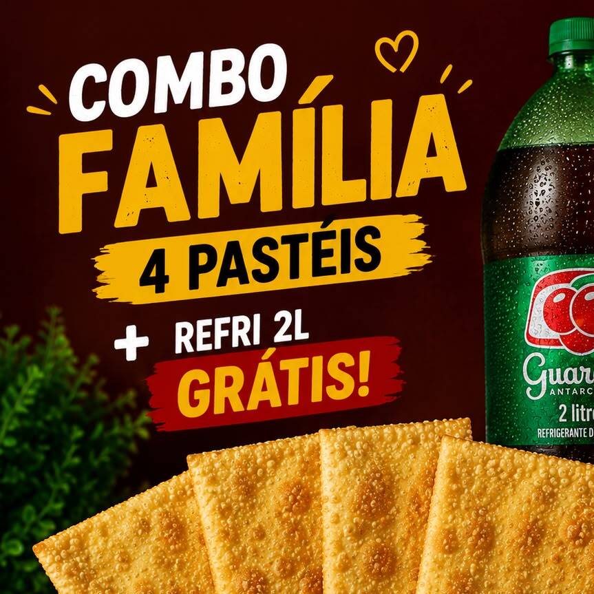 Escolha 4 pastéis e ganhe 1 refrigerante de 2 litros grátis. Perfeito para compartilhar!