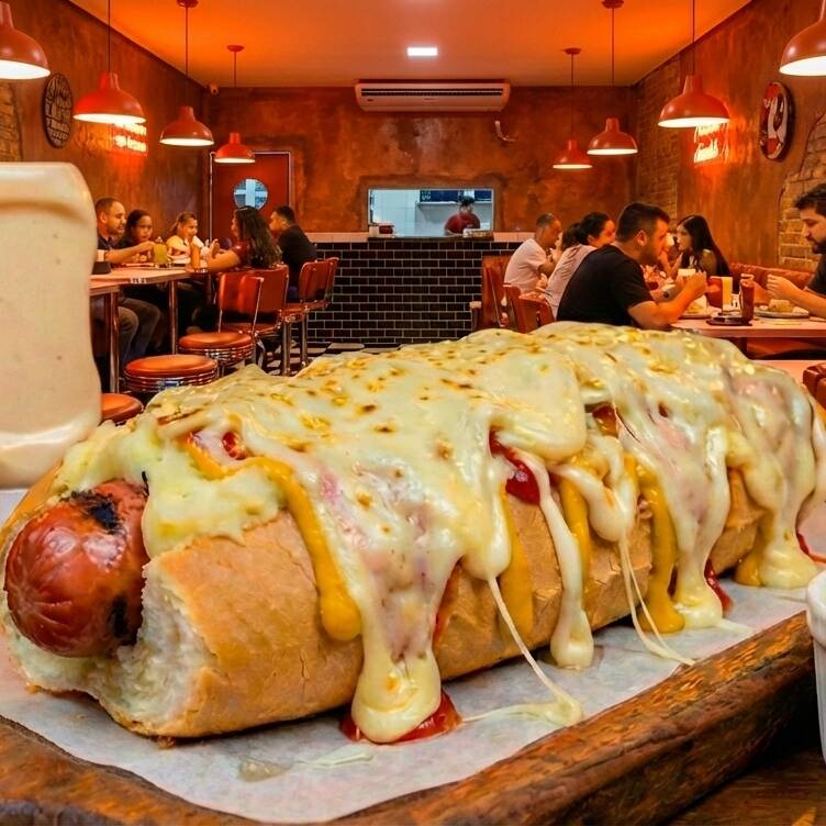 Pão 30cm, Molho De Tomate Artesanal, 2 Salsichas, Purê De Batata, Ketchup, Maionese, Mostarda, Queijo Ralado, Muçarela Maçaricada, Batata Palha - Imagem meramente ilustrativa - (Gerada por IA)