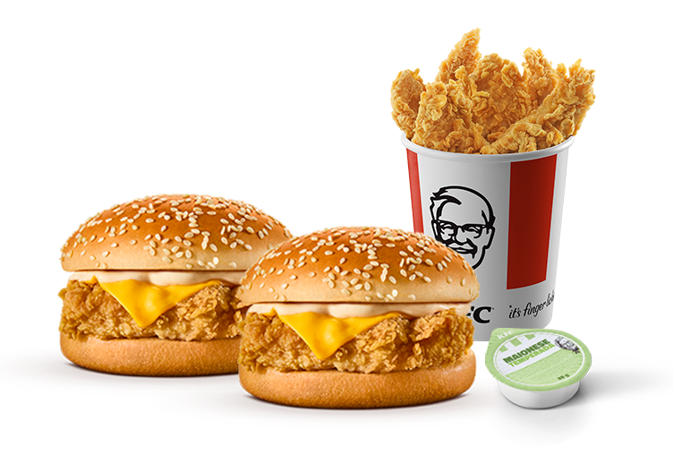 O queridinho do Kfc: 1 Balde Médio (5 Tiras) + 2 Sanduíches + 1 Molho