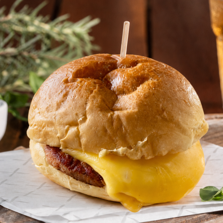 Hambúrguer suculento e queijo derretido, no pão brioche.