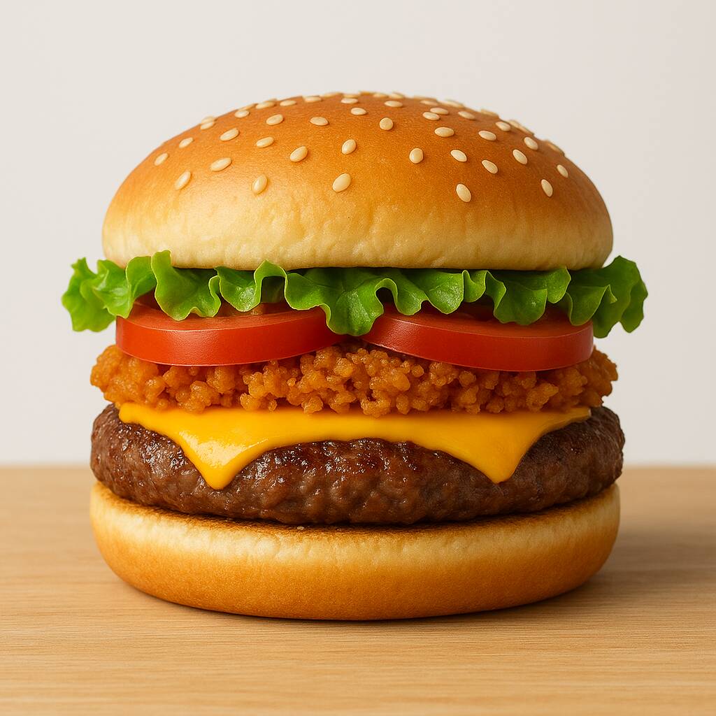 Pão com gergelim, carne Industrial, cheddar, tomate, alface e cebola empanada. (sem ovo e sem linguiça)