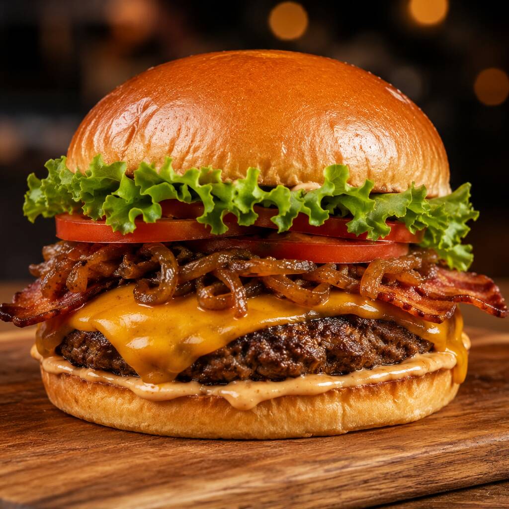 combinação irresistível de sabores! Pão brioche macio, hambúrguer artesanal de carne bovina, queijo cheddar derretido, bacon crocante, cebola caramelizada, alface fresca, tomate e molho especial da casa. Um hambúrguer suculento, preparado para quem busca uma experiência única em cada mordida.