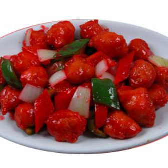 frango empanado ao molho agridoce cebola e pimentao