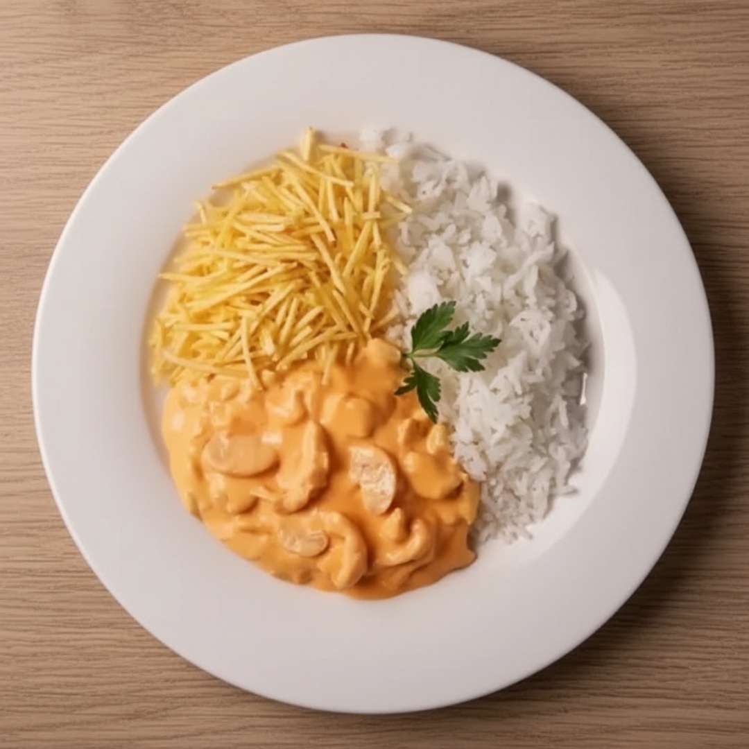 Deliciosa Marmita de Strogonoff de frango com tempero especial da casa, acompanha arroz branco e batata Palha.