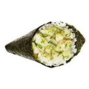 arroz enrolado na alga em forma de cone com recheio de peixe branco e cream cheese.