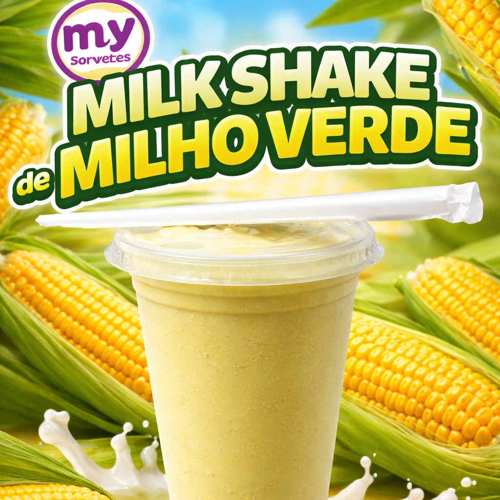 Milk Shake 300ml preparado com um gole de leite integral e um delicioso sorvete milho verde,combinação e cremosidade perfeita para se refrescar