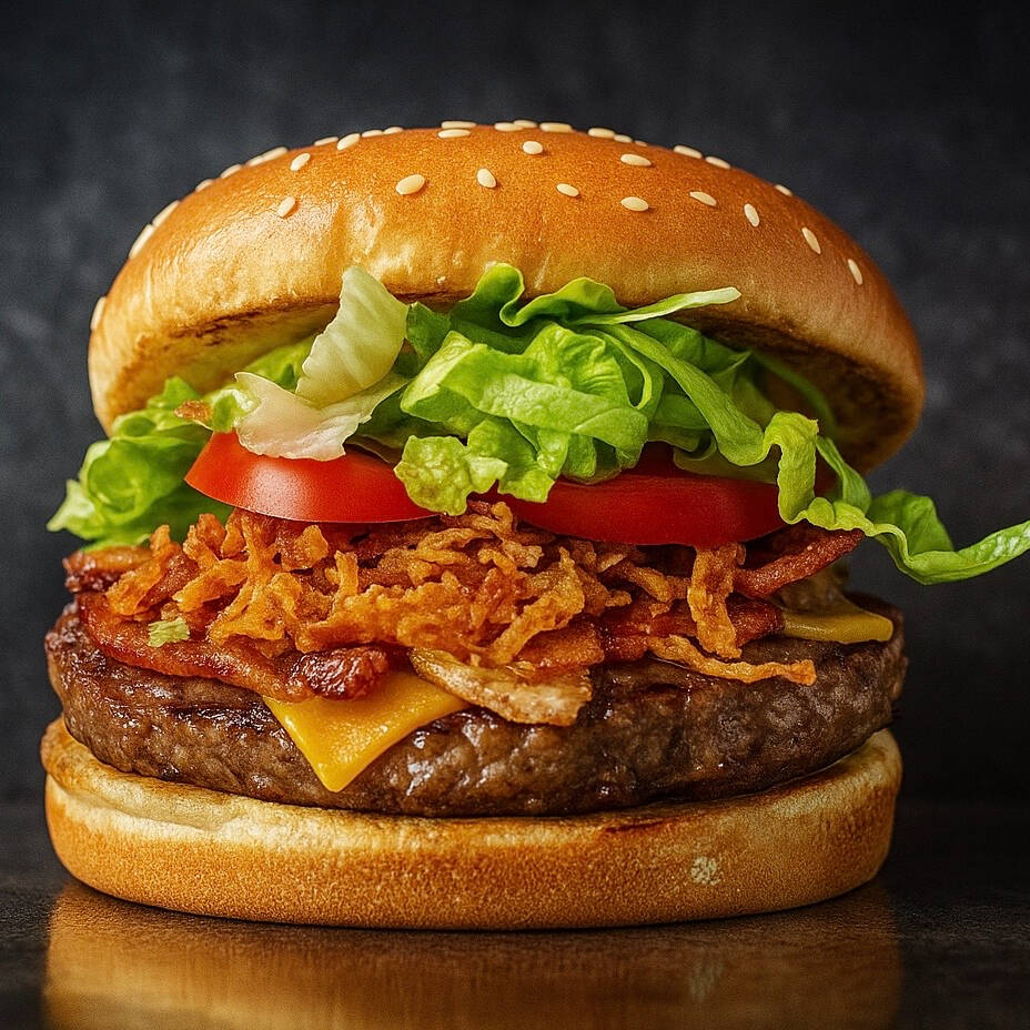 BURGER 120 GRAMAS, QUEIJO, BACON, ALFACE, TOMATE, CEBOLA E MOLHO NO PÃO COM GERGELIM