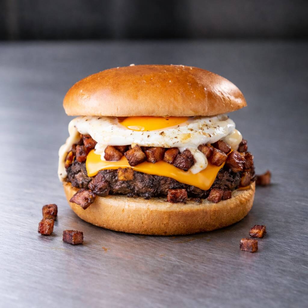 130g carne , pão chapeado na manteiga de garrafa , queijo mussarela ,ovo , bacon em cubos e maionese caseira, alface e tomate