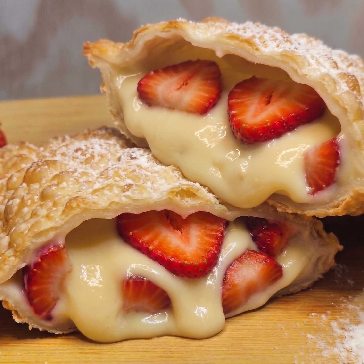 Delicioso pastel crocante recheado com morango fresco e creme de ninho, uma combinação irresistível e perfeita para sobremesa.