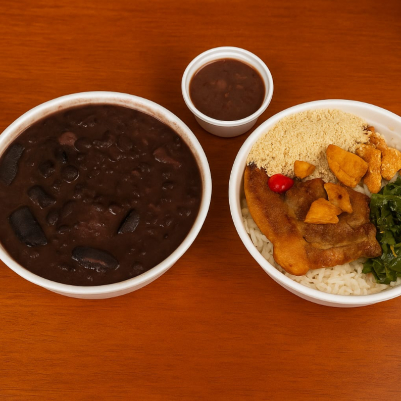 Feijoada Completa (Calabresa, Paio , Pé , Rabo , Orelha , Língua , Costelinha , Lombo e Carne Seca) , Arroz , Farofa , Torresmo , Couve , Bisteca e Molho de Pimenta .