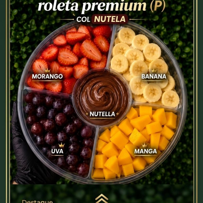 roleta pequena de fruta ja pronta pra voce, acompanhada com. Morango, Manga, Banana, Uva. e Nutella