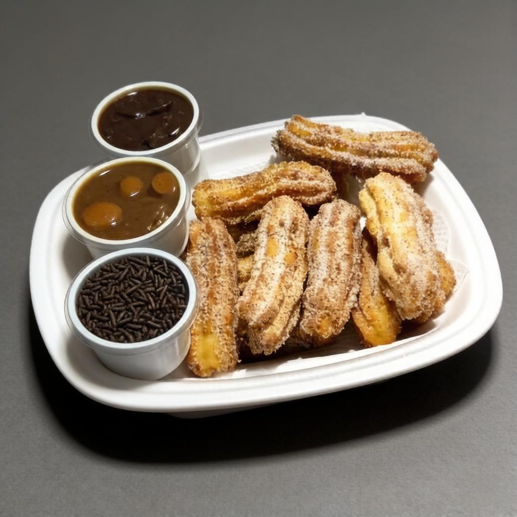 Mini churros espanhol no sabor doce de leite. 20 unidades de mini churros, 2 copinhos de doce de leite.