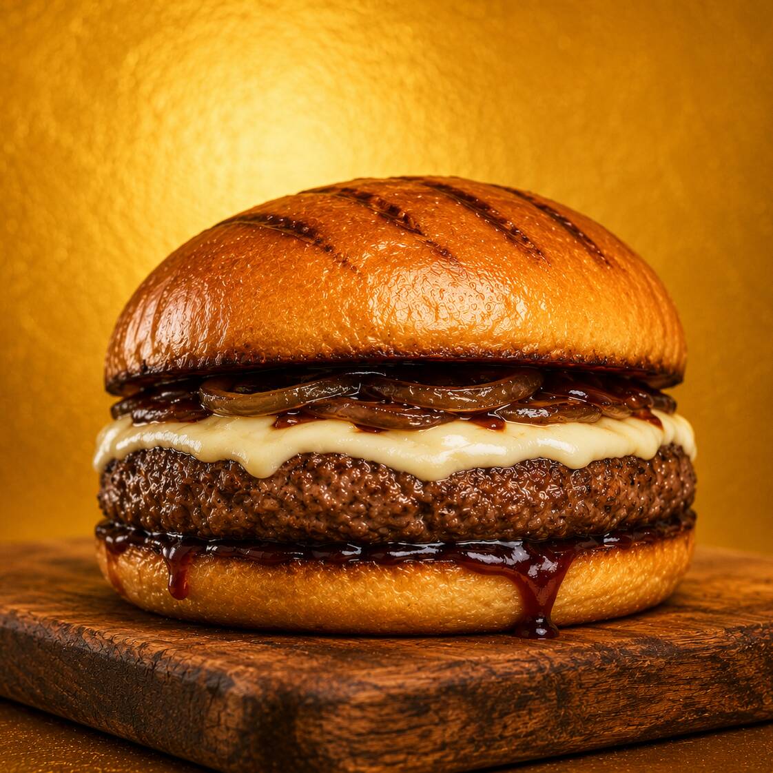 PÃO GRELHADO, CARNE ARTESANAL (80g) CATUPIRY ORIGINAL, BARBECUE E CEBOLA CARAMELIZADA.