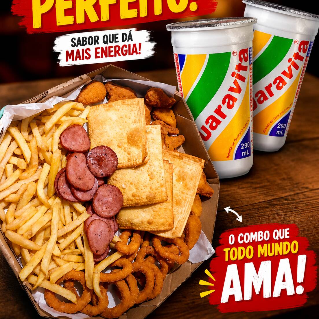 Combo mas guarana natural e perfeito . 4 pasteis , batata frita , anel de cebola , calabresa, nuggets
