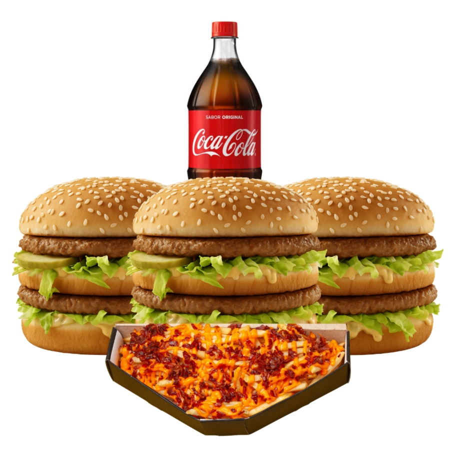 3 Bigs Burguers + Batata Cheddar e Bacon +refri 1,5l (carne artesanal) Delicie-se com o nosso Burguers, são 3 bigs + Batata Cheddar e Bacon + Refri 1,5l', uma opção perfeita para compartilhar em família, diretamente da categoria '>Combos Familia<'. Este combo é composto por três irresistíveis Bigs à sua escolha: o clássico Big, o tentador Big Cheddar, o suculento Big Bacon ou o saboroso Big Chick