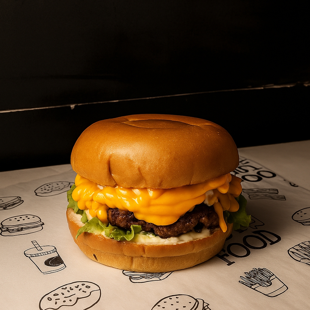 Pão brioche, hambúrguer artesanal Blend 120 gramas temperado com especiarias, queijo cheddar derretido, cebola caramelizada, tomate e alface americano.