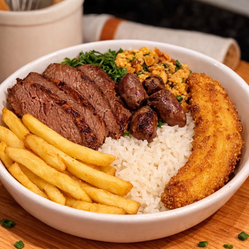 Arroz, Feijão tropeiro ou feijão de caldo, churrasco, legumes e salada