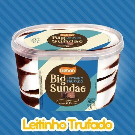 Big Sundae Leitinho Trufado no pote de 1,5l. A Cremosidade do leite fresco com a textura aveludada da trufa de chocolate com castanha-de-caju. Venha provar esta delicia da Gebon. Contém Lactose. Não Contém Glúten.