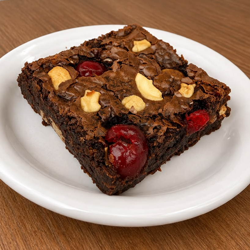 Brownie de chocolate macio e intenso, com castanhas e pedaços de cereja, trazendo uma combinação deliciosa de crocância e sabor.