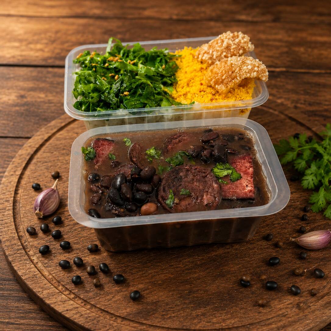 FEIJOADA : Feijão Preto / Carne Seca / Calabresa / Arroz Branco / Couve / Torresmo / Farofa