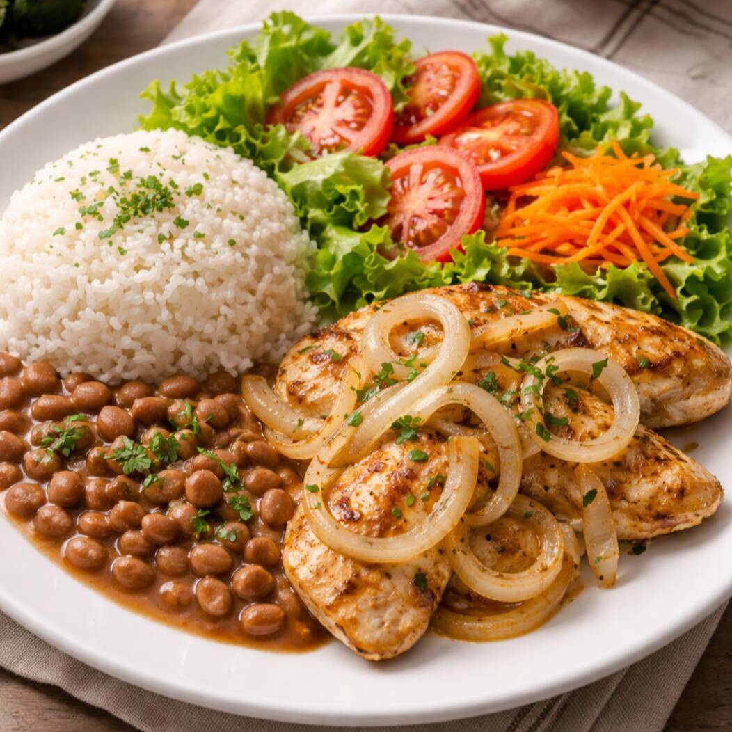 Arroz,feijão, farofa, batata frita e salada