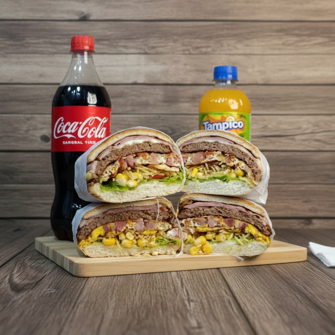 Pão,maionese,2hamburguer,mussarela,bacon,ovo,presunto,milho,batata palha,tomate,alface.