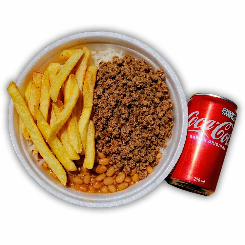 Carne moída suculenta, arroz soltinho, feijão bem temperado, fritas douradas e Coca-Cola 220ml pra completar!