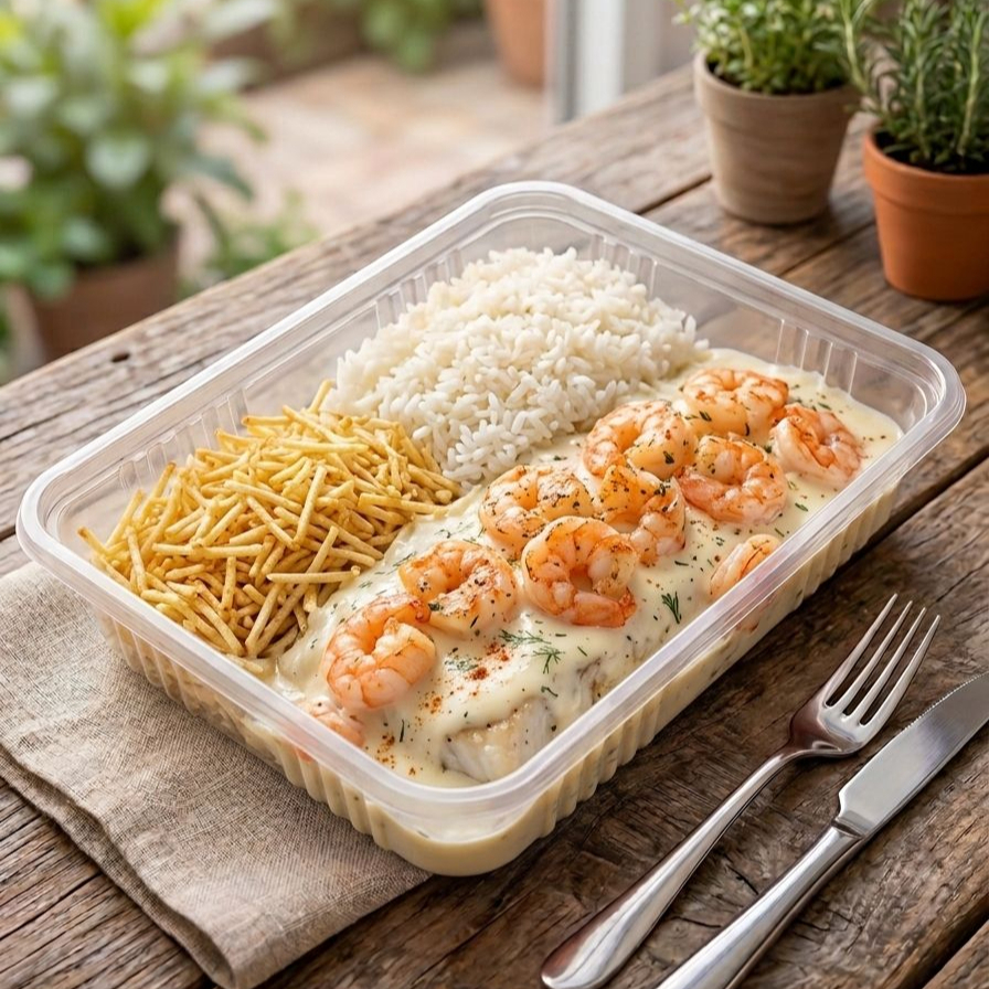 Deliciosa isca de Peixe douradinha coberta com um molho especial e Camarão acompanhamento Feijão fresquinho , Arroz branquinho e batata frita ideal para 1 pessoa 500gr