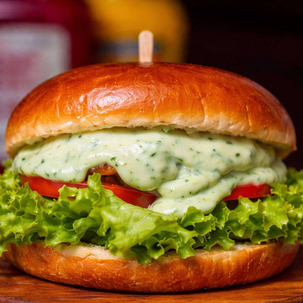 Pão de Hambúrguer, 1 hambúrguer artesanal alto de 150 gramas, queijo, presunto, milho e ervilha e maionese