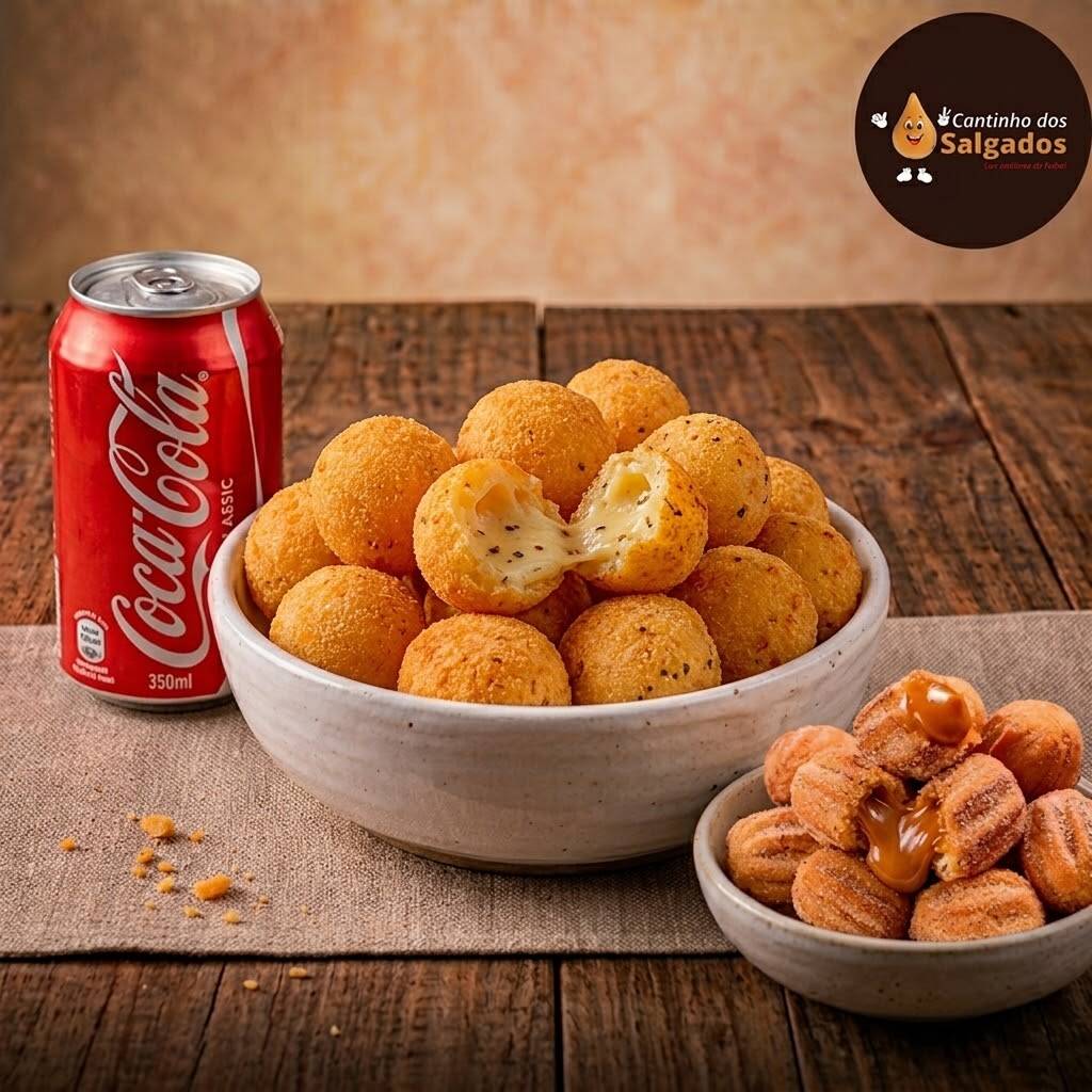 Combo festa composto por 25 mini salgadinhos sortidos nos sabores: Queijo e milho com queijo ,25 mini churros e uma coca lata.
