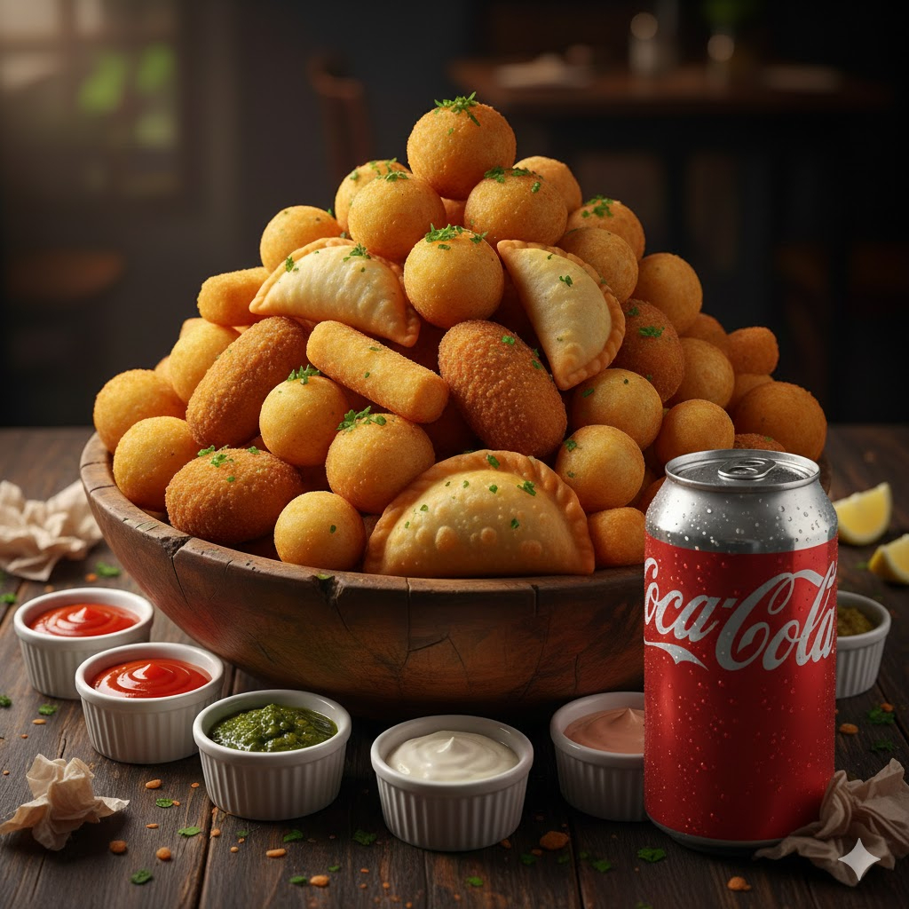 Este combo, classificado como um dos *Campeões de Vendas*, oferece 50 irresistíveis salgadinhos caseiros, feitos com ingredientes selecionados e muito amor. Acompanhado de uma Coca-Cola lata, gelada e refrescante, para proporcionar uma experiência gastronômica completa e inesquecível. Ideal para compartilhar com amigos e família. Aproveite essa delícia e saboreie o melhor dos quitutes caseiros!