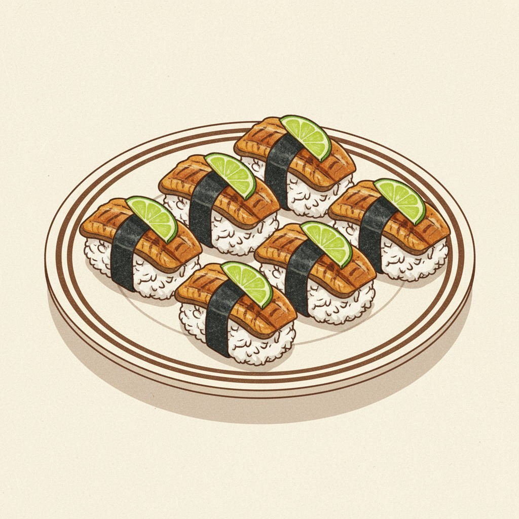 Arroz moldado coberto com pele de salmão grelhada.