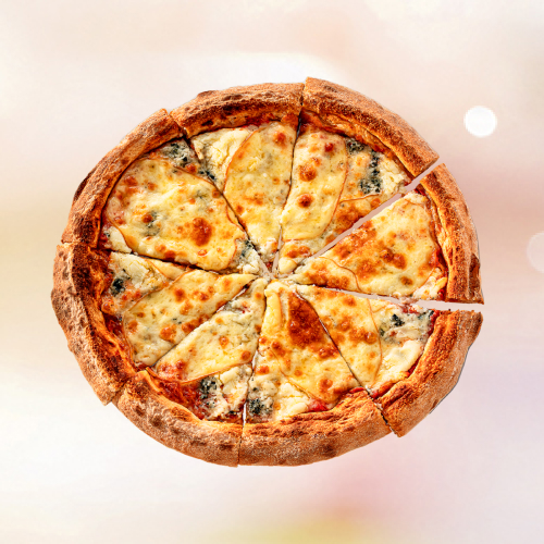 Mussarela, cremely, provolone, parmesão, gorgonzola e molho de tomate.