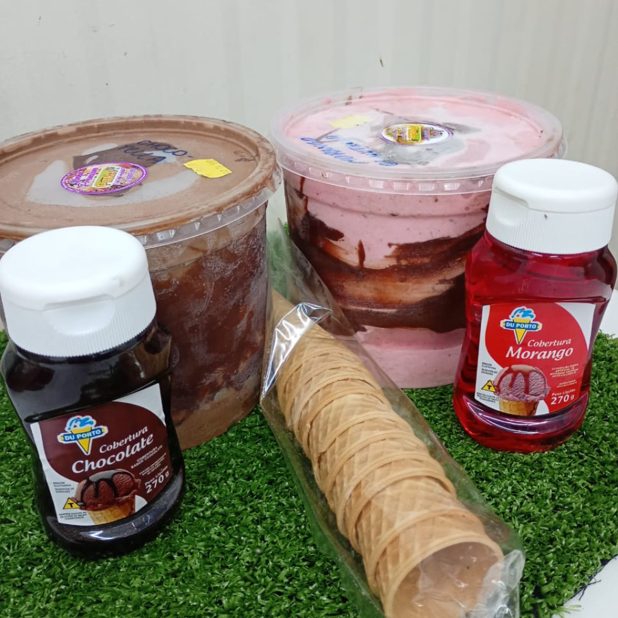 Escolha 2 Sabores de Sorvete 1,5L + um sabor de Cobertura + um pacote de cascão.