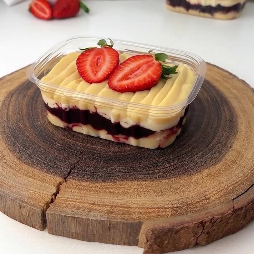 Nosso pavê é preparado com creme de Ninho, camadas de biscoito champanhe artesanal e uma deliciosa geleia artesanal de frutas vermelhas, feita para trazer o equilíbrio perfeito entre o doce e o toque levemente ácido das frutas. Uma sobremesa fresca, cremosa e cheia de sabor, com aquele toque artesanal que faz toda a diferença!