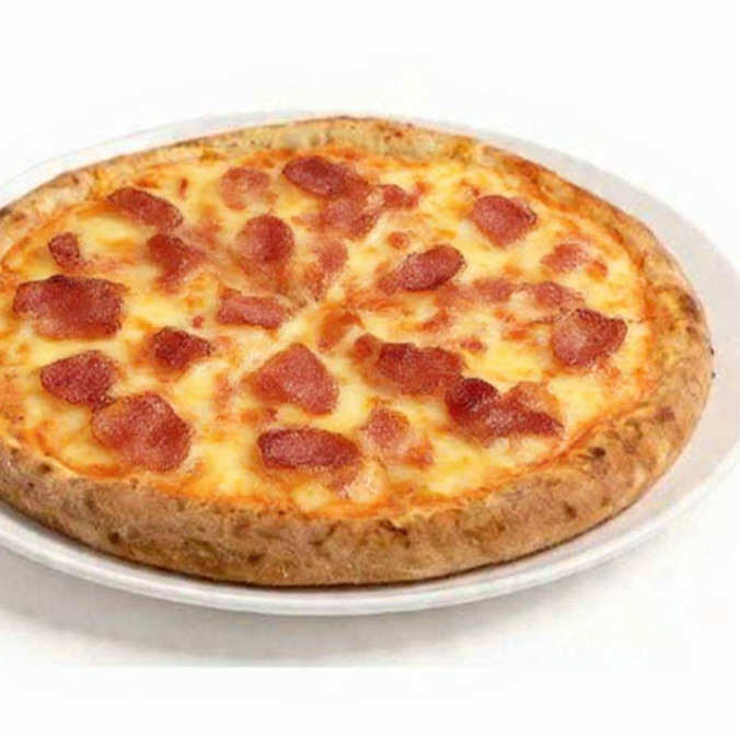 Molho de tomate, Mussarela, Bacon, Catupiry, e orégano.