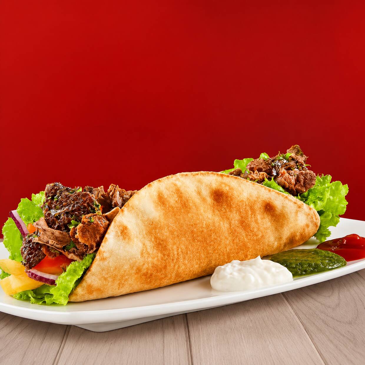 Pão sírio com creme de alho, alface, tomate, cebola, carne, frango e batata frita por dentro, finalizado na chapa.